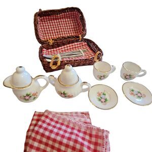 Vintage Porcelain Taiwan Mini Doll Tea Set Picnic Basket Gingham Table Cloth
